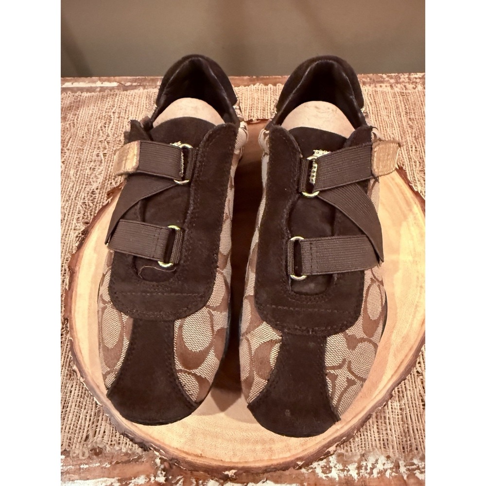 Coach Kyrie Signature Logo Canvas Suede Athletic Sneaker Women's 6.5M Brown Gold - Picture 9 of 16